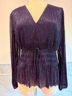 White House Black Market Metallic Navy Peplum V-Neck Long Sleeve Blouse